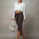 Bae pantalones de mujer solidos de color marron, versatiles, con cintura anudable y ajustados hasta 7/8 de largo, pantalones de otono