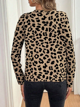 Lune cardigan de mujer con estampado de leopardo, cuello en v, manga larga y abotonadura sencilla, para otono/invierno
