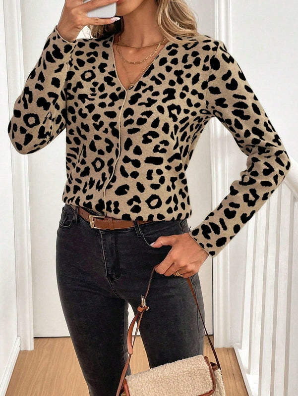 Lune cardigan de mujer con estampado de leopardo, cuello en v, manga larga y abotonadura sencilla, para otono/invierno