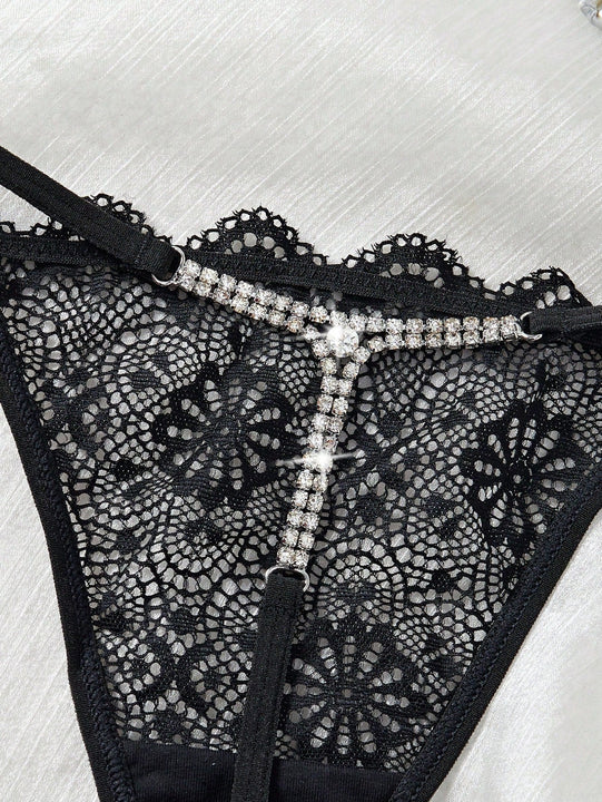 Midnightglam 1 pieza tanga de encaje sexy decorado con cristales para mujeres