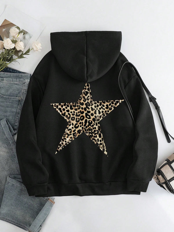 Ezwear sudadera con capucha de mujer con estampado de leopardo y estrella, hombros caidos, otono/invierno