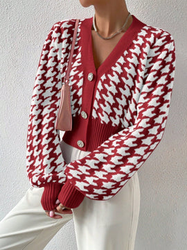 Essnce cardigan casual de mujer con botones y mangas de farol, dobladillo ancho y estampado de pata de gallo