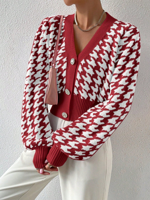 Essnce cardigan casual de mujer con botones y mangas de farol, dobladillo ancho y estampado de pata de gallo