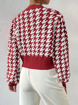 Essnce cardigan casual de mujer con botones y mangas de farol, dobladillo ancho y estampado de pata de gallo