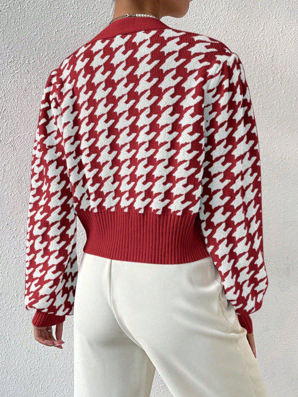 Essnce cardigan casual de mujer con botones y mangas de farol, dobladillo ancho y estampado de pata de gallo