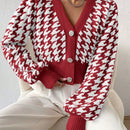 Essnce cardigan casual de mujer con botones y mangas de farol, dobladillo ancho y estampado de pata de gallo