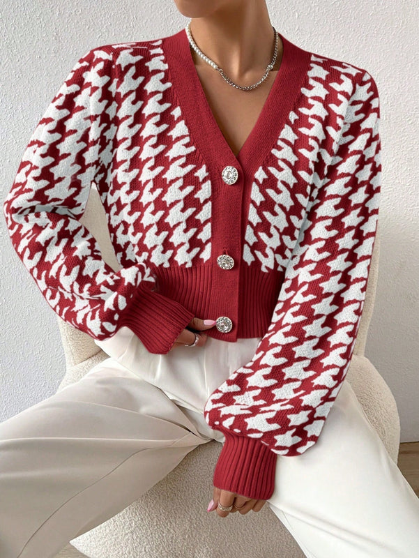 Essnce cardigan casual de mujer con botones y mangas de farol, dobladillo ancho y estampado de pata de gallo