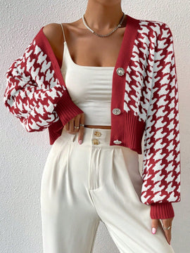 Essnce cardigan casual de mujer con botones y mangas de farol, dobladillo ancho y estampado de pata de gallo