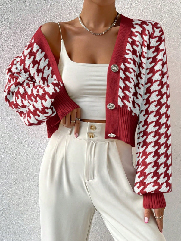 Essnce cardigan casual de mujer con botones y mangas de farol, dobladillo ancho y estampado de pata de gallo