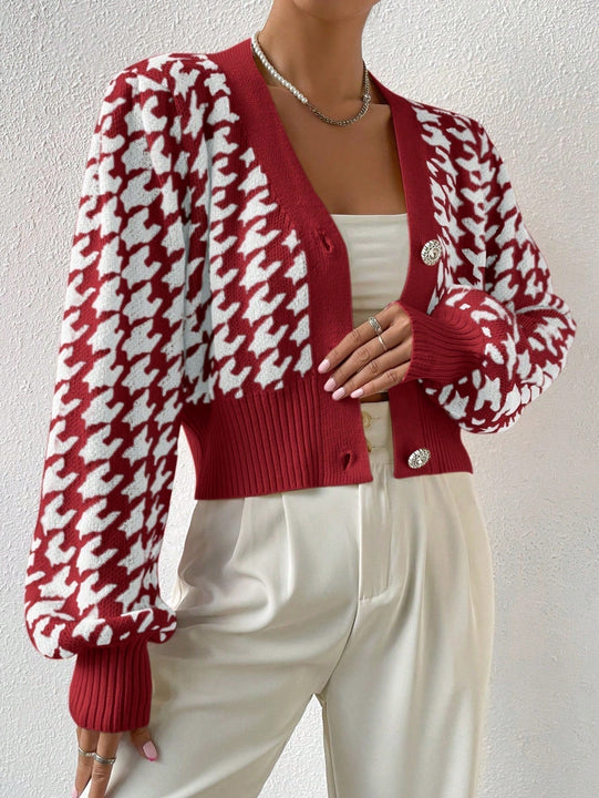 Essnce cardigan casual de mujer con botones y mangas de farol, dobladillo ancho y estampado de pata de gallo