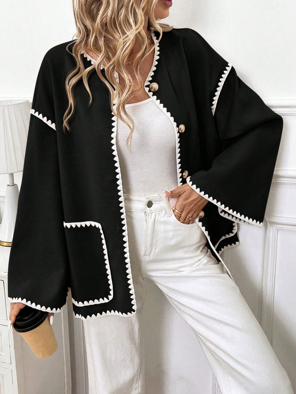 Frenchy chaqueta casual de mujer con estampado de leopardo, manga acampanada, para otono/invierno, de terciopelo con estampado de felpa (tela no esponjosa), con bolsillos delanteros con botones de color contrastante. chaqueta casual de manga larga