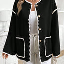 Frenchy chaqueta casual de mujer con estampado de leopardo, manga acampanada, para otono/invierno, de terciopelo con estampado de felpa (tela no esponjosa), con bolsillos delanteros con botones de color contrastante. chaqueta casual de manga larga