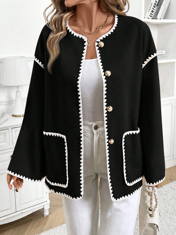 Frenchy chaqueta casual de mujer con estampado de leopardo, manga acampanada, para otono/invierno, de terciopelo con estampado de felpa (tela no esponjosa), con bolsillos delanteros con botones de color contrastante. chaqueta casual de manga larga