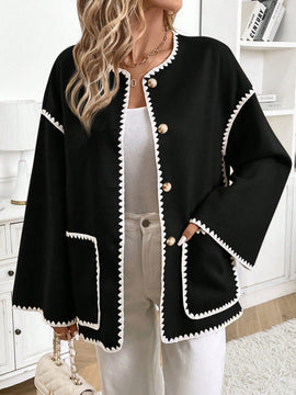 Frenchy chaqueta casual de mujer con estampado de leopardo, manga acampanada, para otono/invierno, de terciopelo con estampado de felpa (tela no esponjosa), con bolsillos delanteros con botones de color contrastante. chaqueta casual de manga larga