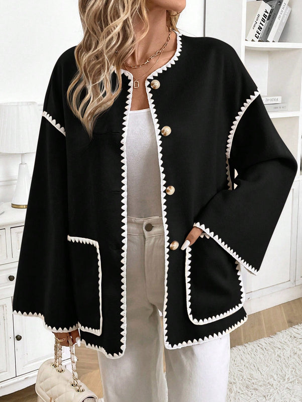 Frenchy chaqueta casual de mujer con estampado de leopardo, manga acampanada, para otono/invierno, de terciopelo con estampado de felpa (tela no esponjosa), con bolsillos delanteros con botones de color contrastante. chaqueta casual de manga larga