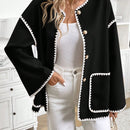 Frenchy chaqueta casual de mujer con estampado de leopardo, manga acampanada, para otono/invierno, de terciopelo con estampado de felpa (tela no esponjosa), con bolsillos delanteros con botones de color contrastante. chaqueta casual de manga larga