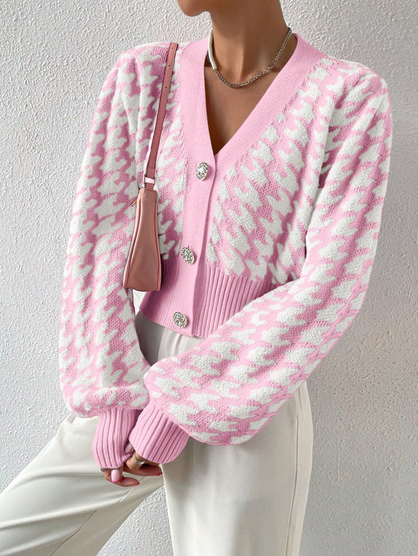 Essnce cardigan casual de mujer con botones y mangas de farol, dobladillo ancho y estampado de pata de gallo