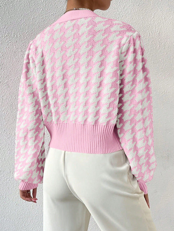 Essnce cardigan casual de mujer con botones y mangas de farol, dobladillo ancho y estampado de pata de gallo