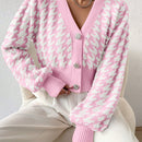Essnce cardigan casual de mujer con botones y mangas de farol, dobladillo ancho y estampado de pata de gallo
