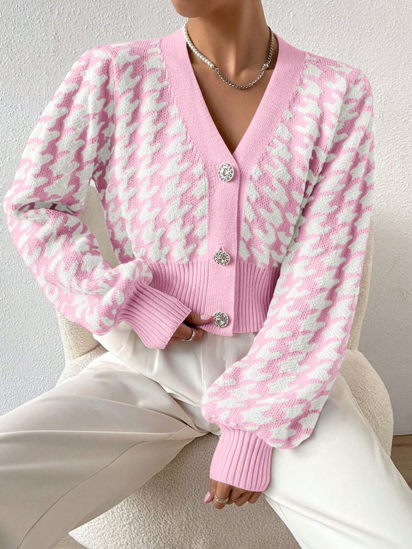 Essnce cardigan casual de mujer con botones y mangas de farol, dobladillo ancho y estampado de pata de gallo
