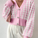 Essnce cardigan casual de mujer con botones y mangas de farol, dobladillo ancho y estampado de pata de gallo
