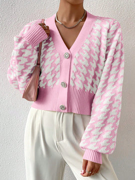 Essnce cardigan casual de mujer con botones y mangas de farol, dobladillo ancho y estampado de pata de gallo