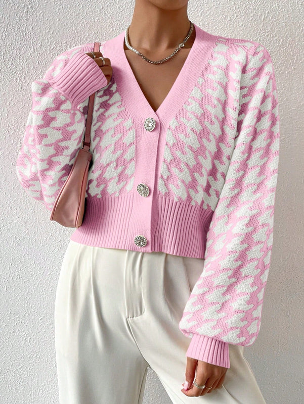 Essnce cardigan casual de mujer con botones y mangas de farol, dobladillo ancho y estampado de pata de gallo