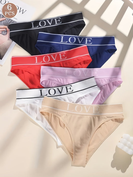 Set de 6 bragas de cintura alta suaves y solidas con estampado en ingles, ropa interior para dama