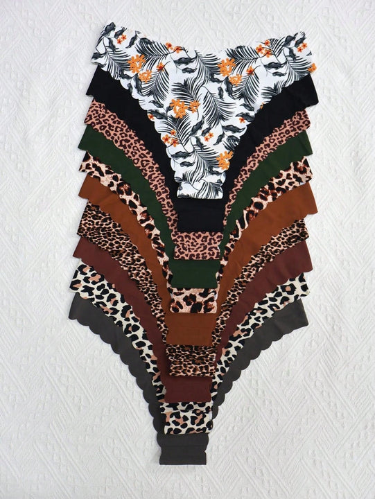 Paquete de 10 piezas bragas triangulares sexy de tela suave, transpirable y comoda con borde ondulado sin costuras para mujeres