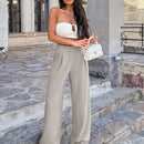 Pantalones anchos de lino solido para mujer