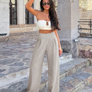 Pantalones casuales anchos de pierna ancha con cintura alta y pliegues para mujeres