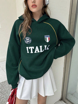 Ezwear sudadera holgada con capucha de estilo deportivo minimalista casual con patron de letra de mexico, para mujer, otono/invierno