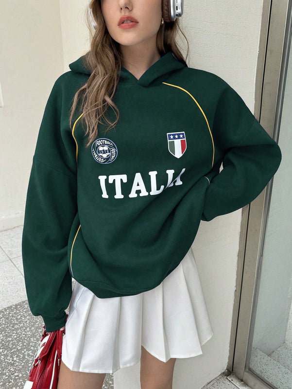 Ezwear sudadera holgada con capucha de estilo deportivo minimalista casual con patron de letra de mexico, para mujer, otono/invierno