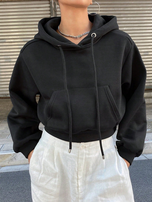 Dazy sudadera con capucha corta de unicolor informal para mujer, de manga larga, para otono/invierno