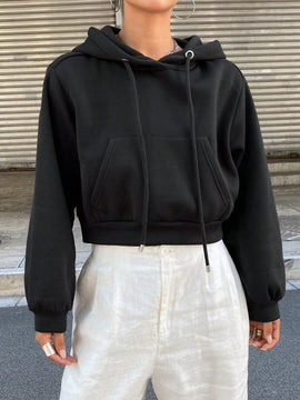 Dazy sudadera con capucha corta de unicolor informal para mujer, de manga larga, para otono/invierno