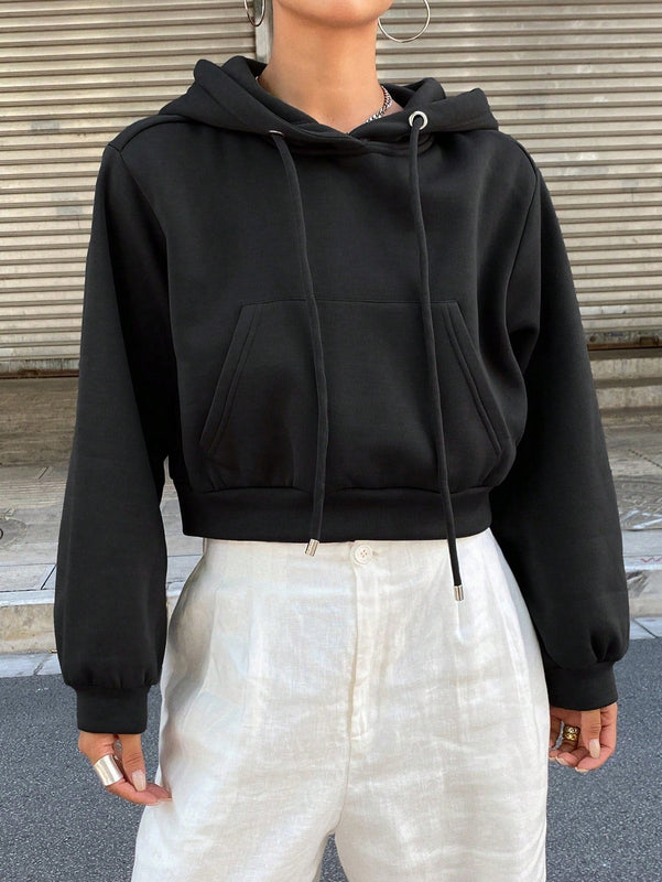 Dazy sudadera con capucha corta de unicolor informal para mujer, de manga larga, para otono/invierno
