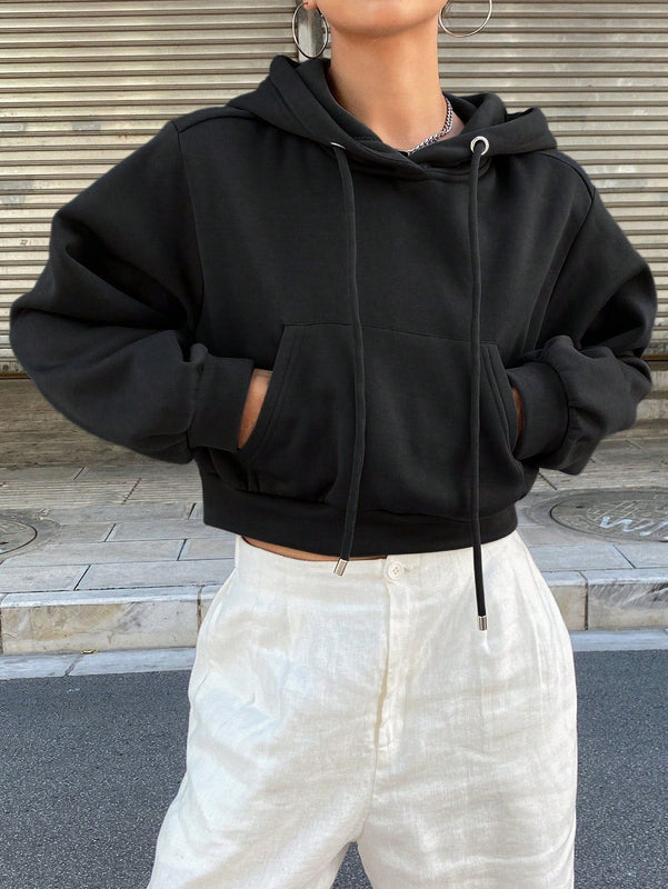 Dazy sudadera con capucha corta de unicolor informal para mujer, de manga larga, para otono/invierno