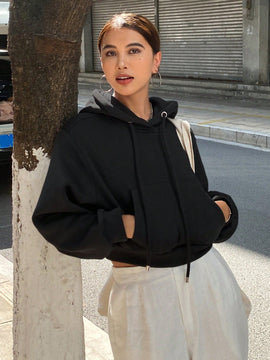 Dazy sudadera con capucha corta de unicolor informal para mujer, de manga larga, para otono/invierno