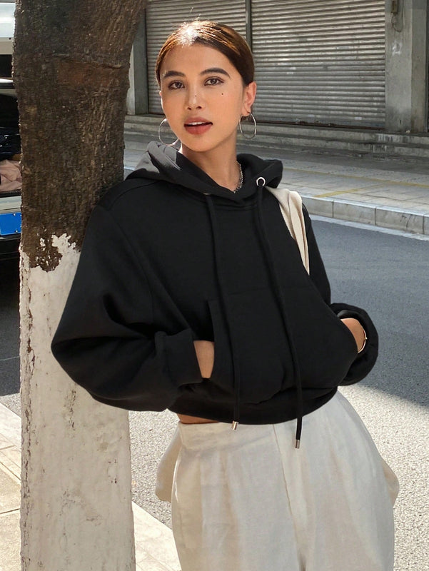Dazy sudadera con capucha corta de unicolor informal para mujer, de manga larga, para otono/invierno