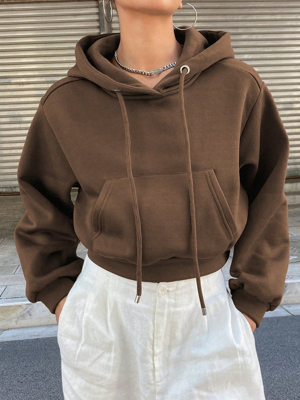 Dazy sudadera con capucha corta de unicolor informal para mujer, de manga larga, para otono/invierno