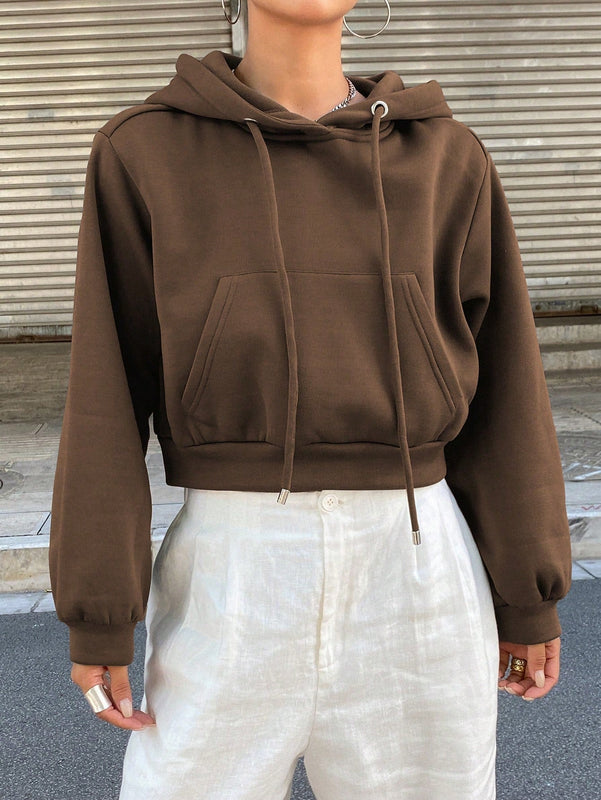 Dazy sudadera con capucha corta de unicolor informal para mujer, de manga larga, para otono/invierno