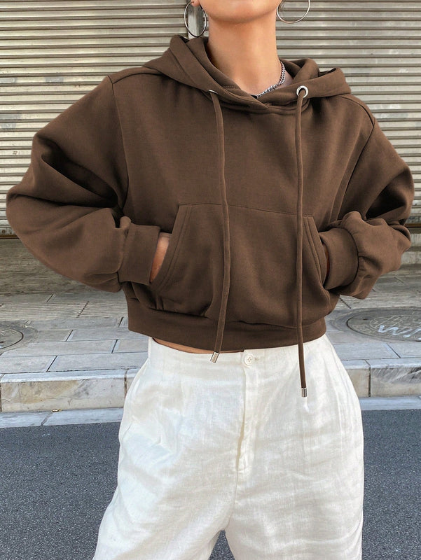 Dazy sudadera con capucha corta de unicolor informal para mujer, de manga larga, para otono/invierno