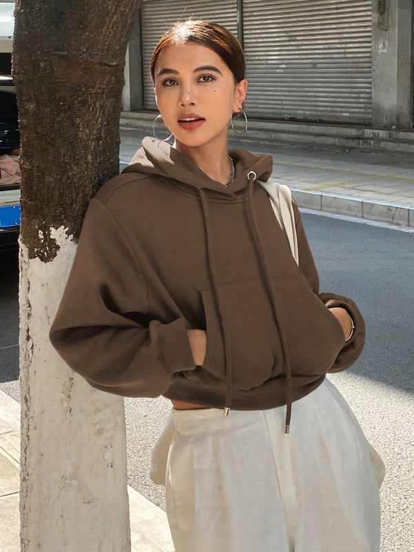 Dazy sudadera con capucha corta de unicolor informal para mujer, de manga larga, para otono/invierno