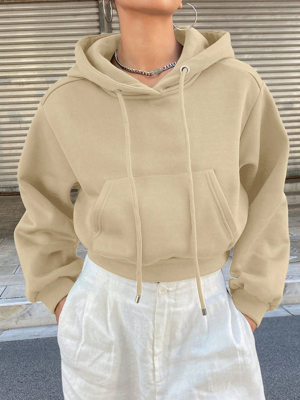 Dazy sudadera con capucha corta de unicolor informal para mujer, de manga larga, para otono/invierno