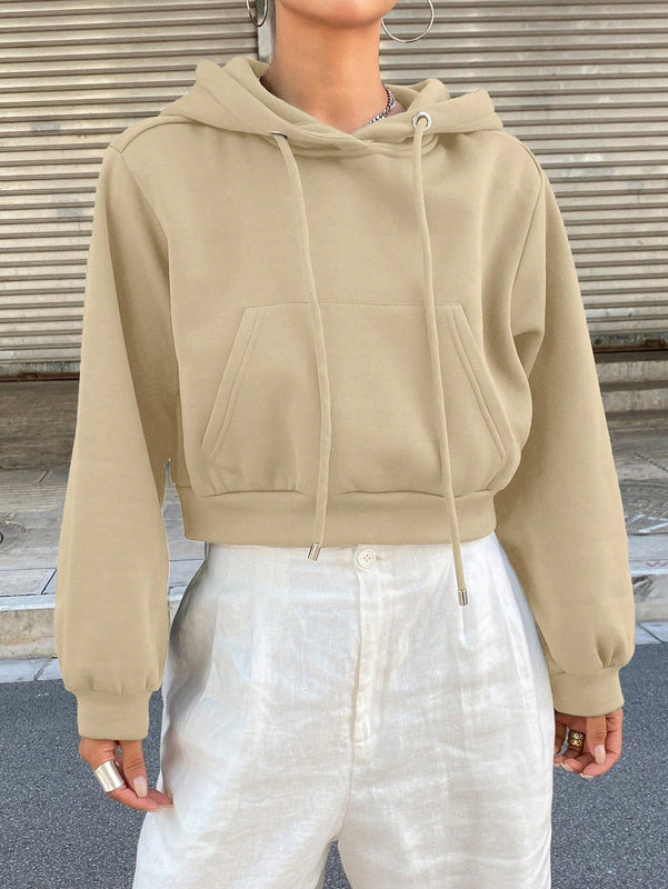 Dazy sudadera con capucha corta de unicolor informal para mujer, de manga larga, para otono/invierno