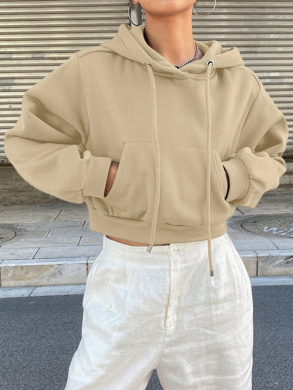 Dazy sudadera con capucha corta de unicolor informal para mujer, de manga larga, para otono/invierno