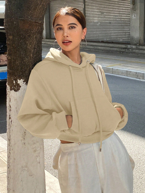 Dazy sudadera con capucha corta de unicolor informal para mujer, de manga larga, para otono/invierno