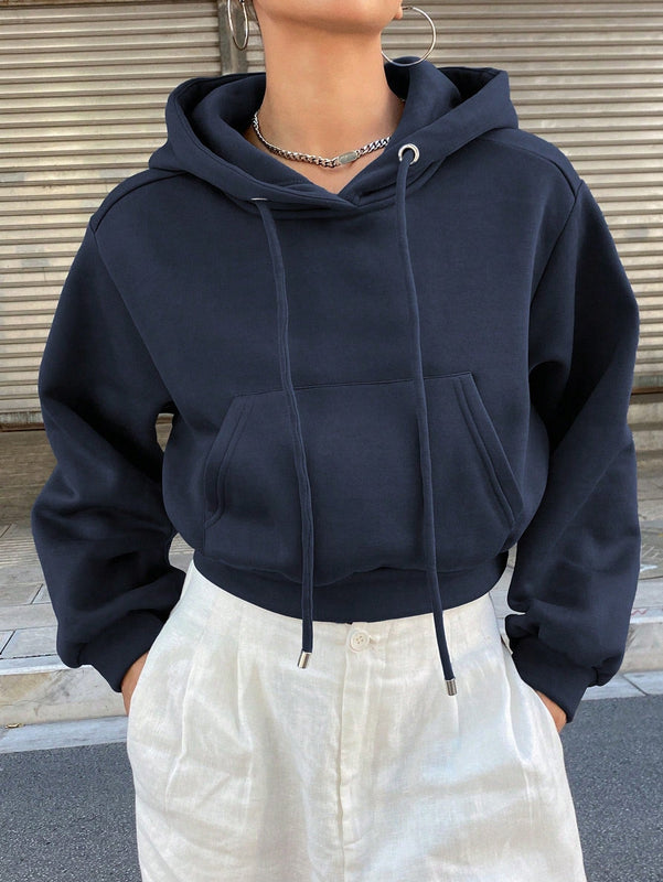 Dazy sudadera con capucha corta de unicolor informal para mujer, de manga larga, para otono/invierno