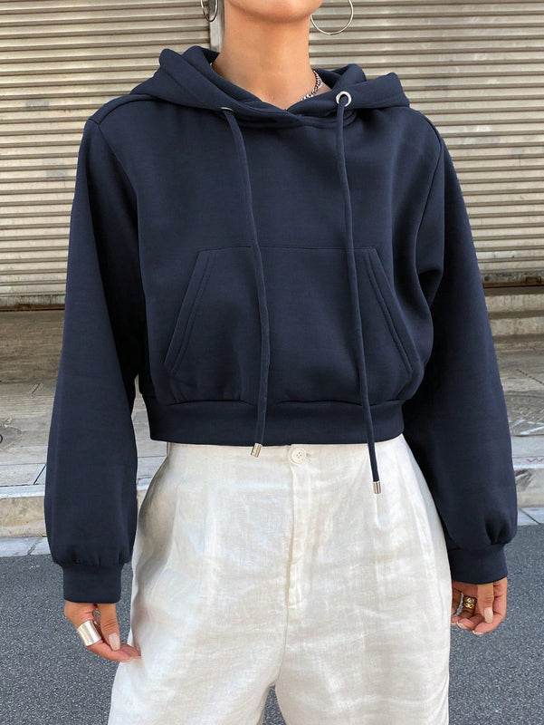 Dazy sudadera con capucha corta de unicolor informal para mujer, de manga larga, para otono/invierno