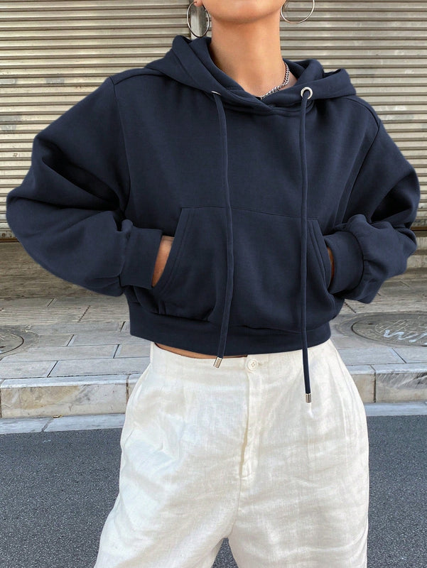 Dazy sudadera con capucha corta de unicolor informal para mujer, de manga larga, para otono/invierno